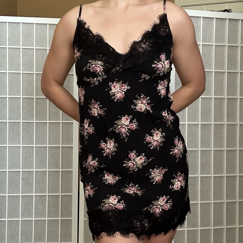 American Eagle Black Floral Lace Trim Slip Dress